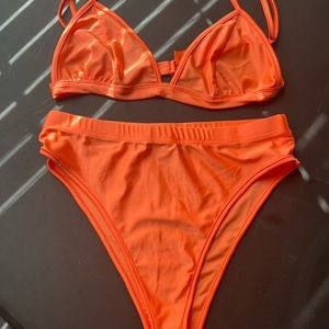 Neon orange rave bra and bottom set